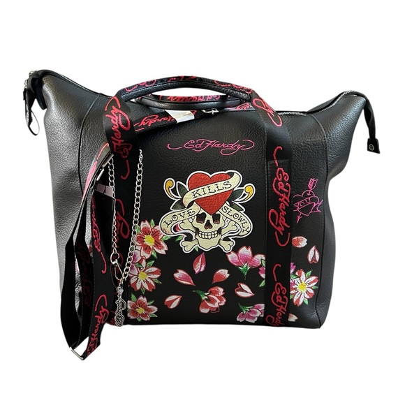 Ed Hardy Handbags - Ed Hardy Black Floral Skull Embroidery Tote Bag